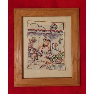 Finished Needlepoint Mexican Pueblo Scene in Frame 10.5 x 12.5 Inches Unsigned
